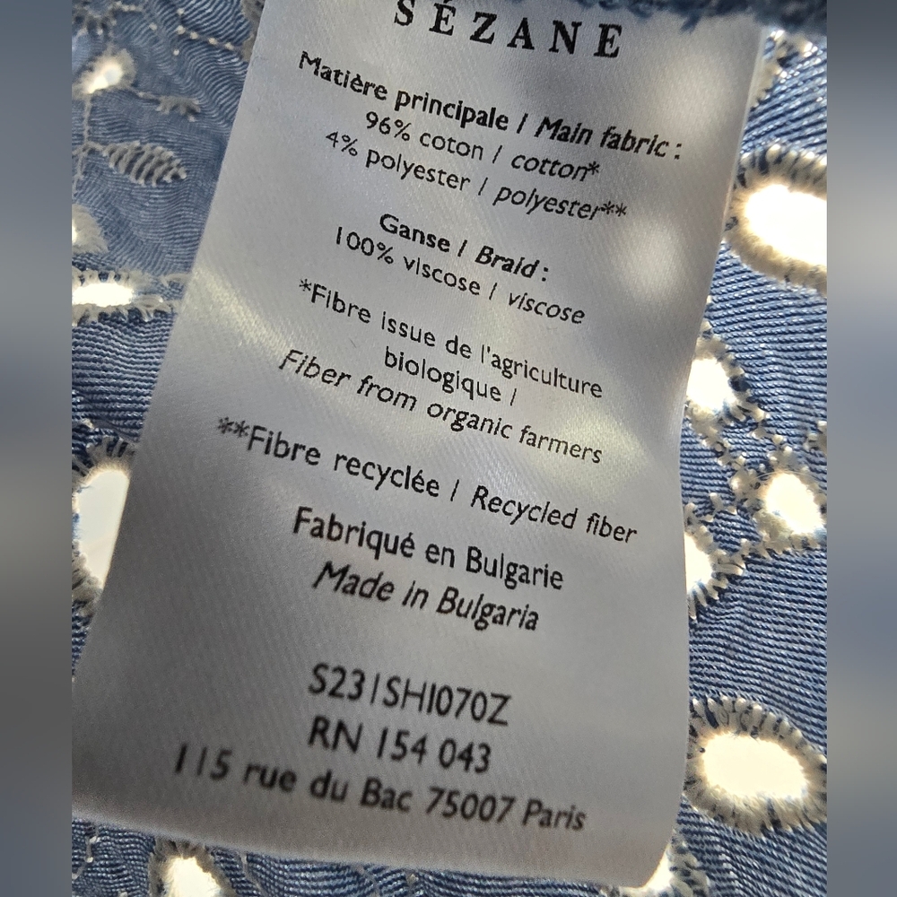 SÉZANE Jordanna Ebroidered Scalloped Button Front Top Denim  Blue 34 - Picture 12 of 14